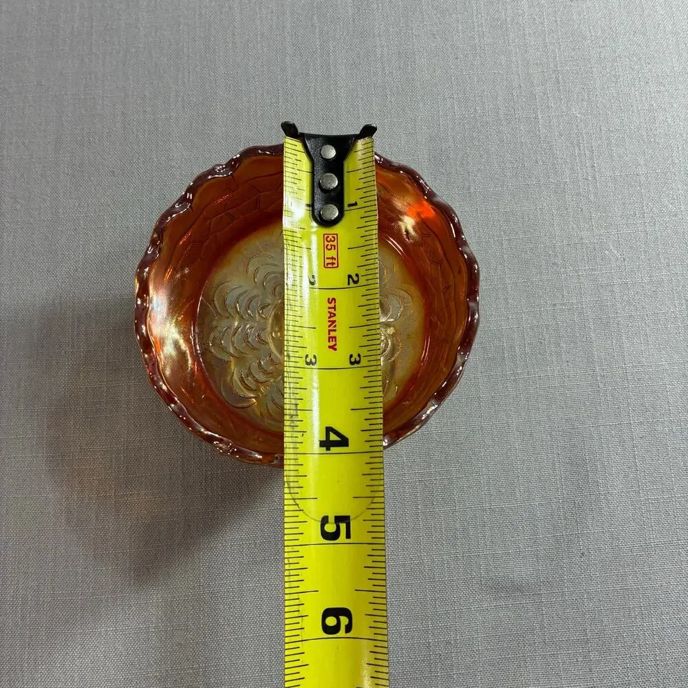Vintage Marigold Carnival Glass Pedestal Candy Dish Scalloped Bowl 4 Inch